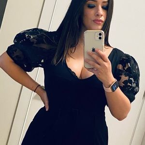 NWOT Zara Black Bodysuit Puff Lace Floral Sleeve Top Small Sexy S